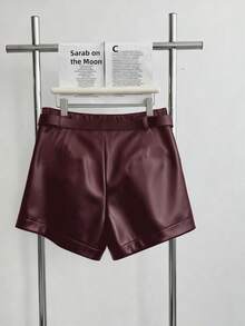Airaco Quần short nữ cỡ lớn màu trơn bằng da PU, dáng rộng, có túi, thời trang. - Màu Đỏ Sâu - Xem 2
