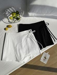 Comfortcana 2件套加大码纯色侧系带拉链休闲度假舒适短裤套装，春夏款 - 彩色 - 查看 6