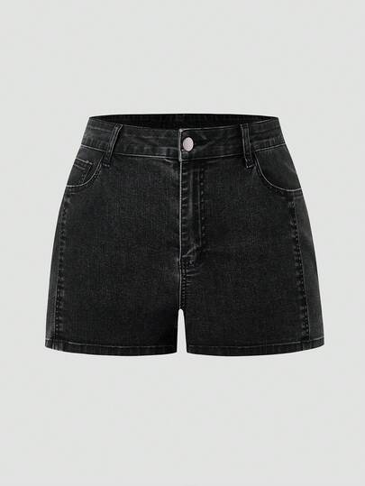 SHEIN MOD Plus Size Women's Casual Everyday Commute Simple Versatile Denim Shorts, Summer Summer Outfits Spring Clothes Women Easter Shorts Beach Outfit Casual Shorts For Women Vacation Outfits Women Holiday Outfits Beach Vacation Outfits For Women Black Shorts Women Fashion Casual Black Denim Shorts High Waist Pockets Button Classic Summer