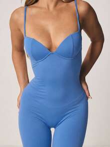 MISSGUIDED Women's Blue Fitted Capri Length Jumpsuit With Heart Sweetheart Bustier Neckline And Spaghetti Straps For Summer Occasions - Baby Blue - View 3