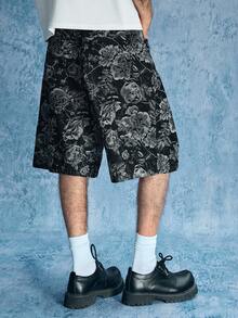 ROMWE MEN Street Life Men's Textured Pattern Button Casual Versatile Denim Shorts - Black - View 3