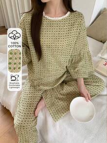 DAZY 2件套女士格子蕾丝拼接宽松七分袖直筒长款睡衣套装，夏季 - 綠色 - 查看 4