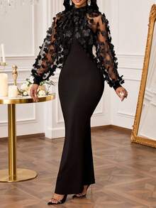 SHEIN Lady Petite Đầm đen dáng nhỏ nhắn dành cho nữ, thêu hình bướm 3D, phối ren, dài ôm sát, kiểu đuôi cá, đầm nhỏ thanh lịch dự tiệc, đầm dự đám cưới cho nữ. - màu đen - Xem 4