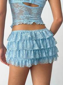 Aloruh Quần short nữ gợi cảm phong cách Punk Rock Bohemian Y2K với ren đen xếp nếp ở gấu quần, quần short cạp siêu thấp bằng ren mới. - Màu xanh lam - Xem 2