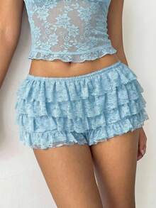 Aloruh Quần short nữ gợi cảm phong cách Punk Rock Bohemian Y2K với ren đen xếp nếp ở gấu quần, quần short cạp siêu thấp bằng ren mới. - Màu xanh lam - Xem 7