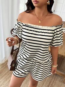 SHEIN LUNE Plus Size Women's Strapless Frill Trim Striped Shorts Set, Spring/Summer - Multicolor - View 1