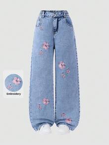 SHEIN ChillGRL Tween Girls Jeans - 新款时尚雪花洗做旧刺绣阔腿牛仔裤 - 淺色水洗藍 - 查看 6