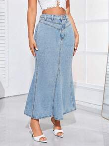 SHEIN Privé Falda vaquera de línea A versátil y casual para uso diario - Lavado ligero - Ver 4