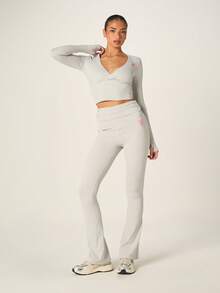 Missguided x Playboy Solid Long Sleeve Wrap Front Top With V Neck And High Waisted Full Length Leggings Matching Set With Pink Bunny Logo - Grey - View 4