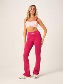 Missguided x Playboy High Waisted Flared Sports Leggings With Brand Text Waistband Pink Athletic Pants Bootcut Stretchy Yoga Fitness Running Activewear - Hot Pink - View 4