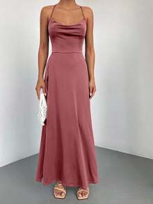EURMUSE Draped Front Split Thigh Criss Cross Back Cami Dress - 藕粉色 - 查看 5