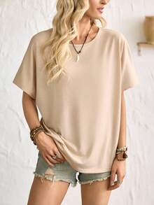 Florisole 女士休闲度假风宽松卡其色T恤，后背蕾丝设计 - 卡其色 - 查看 3