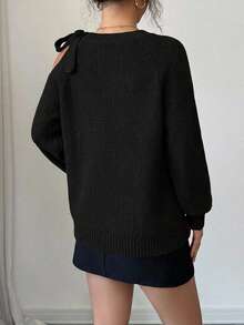 Suéter holgado de punto de unicolor con mangas raglán y lazos en los hombros, para otoño/invierno - Negro - Ver 2