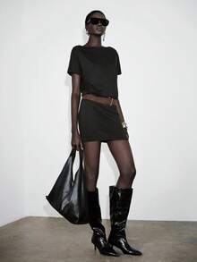 Lumivelle Women's Mini Dress, Batwing Sleeve Off-Shoulder Metallic Velvet Belt, Minimalist Chic Versatile Everyday Commute Dress, Spring/Summer - Black - View 6