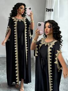 SHEIN Elenzya Women's Sleeveless Open Front Gold Lace Splice Cuff Long Cardigan & Fitted Maxi Dress 2-Piece Set, Elegant For Party - Black - View 2
