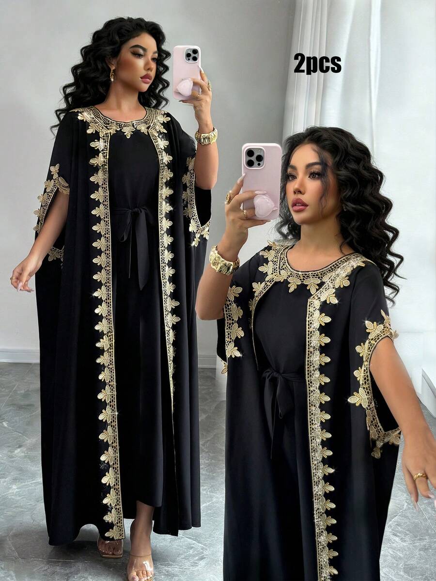 SHEIN Elenzya Women's Sleeveless Open Front Gold Lace Splice Cuff Long Cardigan & Fitted Maxi Dress 2-Piece Set, Elegant For Party