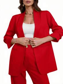 Aveloria Modichic Áo blazer cổ ve lật màu trơn, kiểu dáng thường ngày, thích hợp cho mùa xuân/thu. - Đỏ - Xem 3