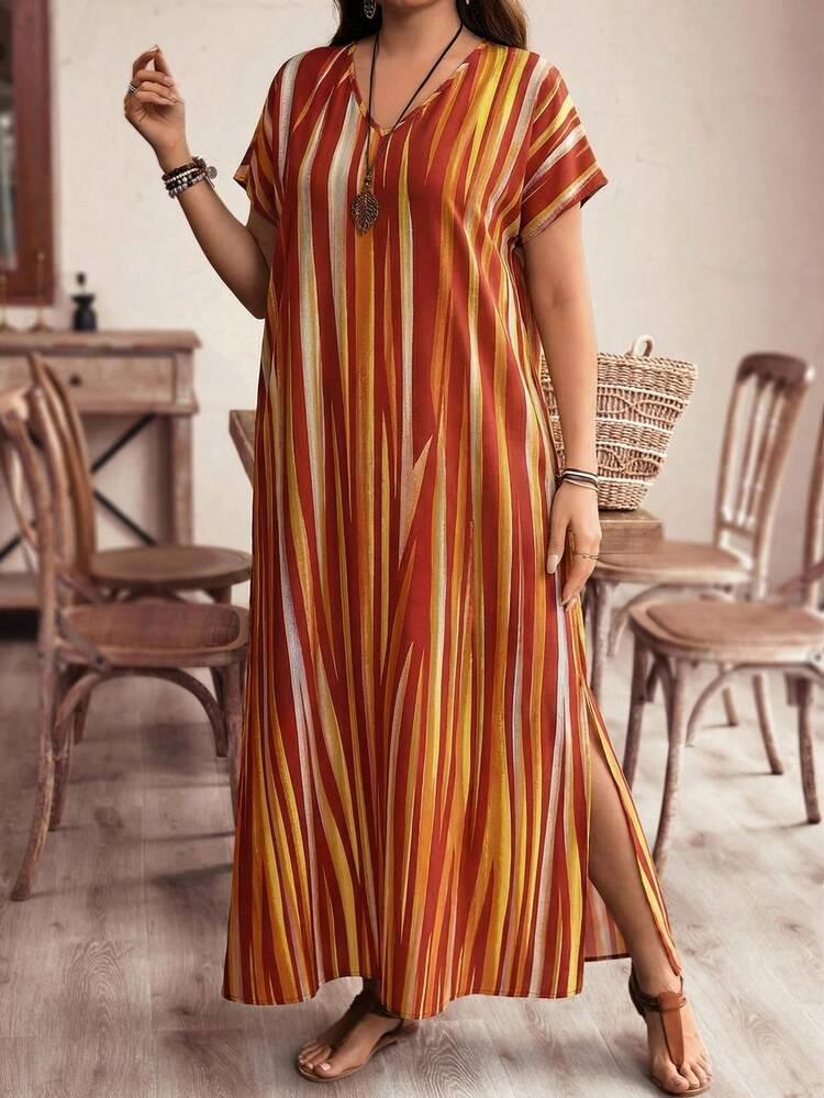 Plus Size Women's Striped Color Block Side Reflected Color Striped Maxi Long Beach Dress For Vacation Women Vacation Dress Boho Summer Dress Women Stripe Dresses For Women