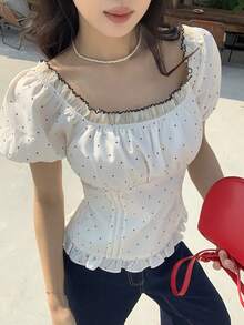 DAZY 女士撞色波点印花方领短袖衬衫夏季娃娃衫 - 白色 - 查看 2