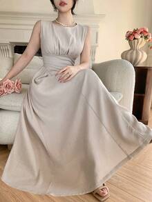 DAZY Women's Elegant Solid Color Waist Cinched Sleeveless Dress Summer Maxi Dress Sundress - Khaki - View 1