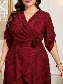 Reflora Plus Size Burgundy Elegant Wedding Jumpsuits For Women,Winter Crossover Wrap Ruched Waist Floral Decor Mid-Rise Jumpsuit, Party Outfits - Burgundy - View 4
