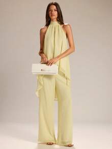 SHEIN BAE Spring/Summer Solid Yellow Halter Neck Sheer Asymmetrical Sleeveless Tank Top & Linen Wide Leg Pants, Casual 2-Piece Set Minimalist 2-Piece Set - Yellow - View 3