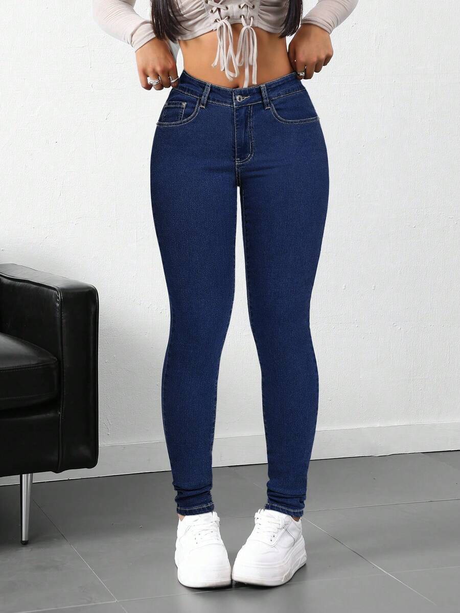 SHEIN Tall Tall Women's Stretch Washed Denim Skinny Jeans - Royal Blue - View 1