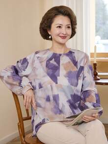 Vivie Lora Women's Loose Fit Round Neck Geometric Pattern Shirt - Purple - View 4