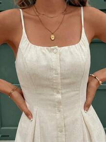 SHEIN Frenchy 亚麻吊带连衣裙，前中心纽扣装饰，舒适透气面料，休闲度假风，适合日常通勤穿着，女士纯色简约日常吊带裙 - 杏色 - 查看 4