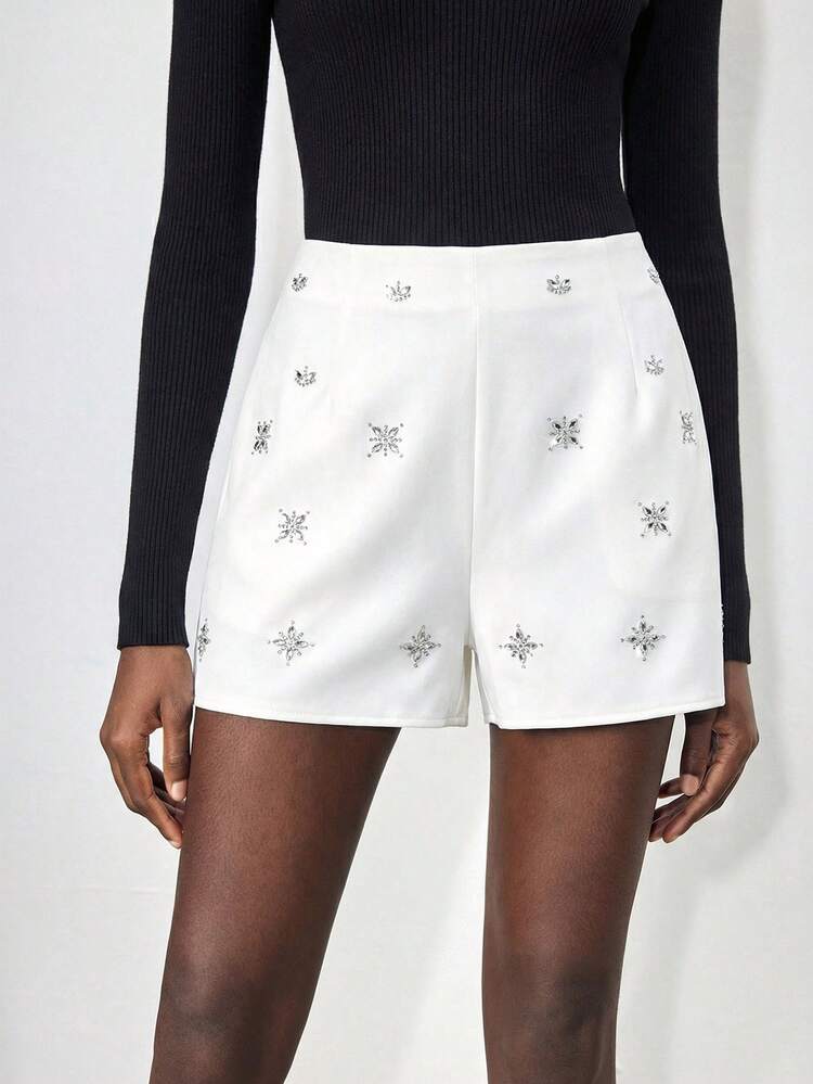 SHEIN Maija Women's Rhinestone Design Modern Urban Versatile High-Waisted A-Line Shorts, Business Casual, Suitable For Valentine's Day, St. Patrick's Day, Easter, Spring Festival, Music Festival, Vintage Style
