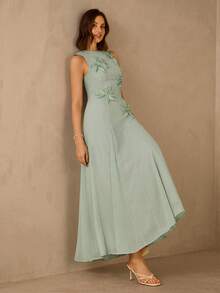 Enchnt 女士优雅无袖连衣裙，饰有3D立体花卉图案，圆领 - 綠色 - 查看 6