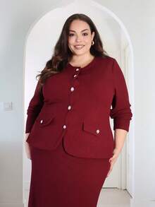 Pretty and Ole Elegancki, dopasowany garnitur dla kobiet w dużych rozmiarach, w jednolitym kolorze, z okrągłym dekoltem i długim rękawem, jednorzędowy top i spódnica z rybim ogonem, jesień - Burgund - Zobacz 4