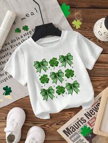 Young Girl Casual Minimalist Fashion Short Sleeve T-Shirt, St. Patrick's Day Bow Design Pattern, St. Patrick's Day T-Shirt, Clover Bow, Fashionable Round Neck Short Sleeve T-Shirt Suitable For Spring And Summer, Comfortable And Relaxed, Summer Wear, Casual Fashion, Spring And Summer Street Wear, Outdoor Picnic, Street Photography, Campus, Holiday, Gift - White - View 2