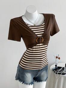 Elamini Y2K Shibuya Babe Slim Retro Colorblock Striped Brown Short Sleeve T-Shirt, Spring/Summer - Brown - View 1