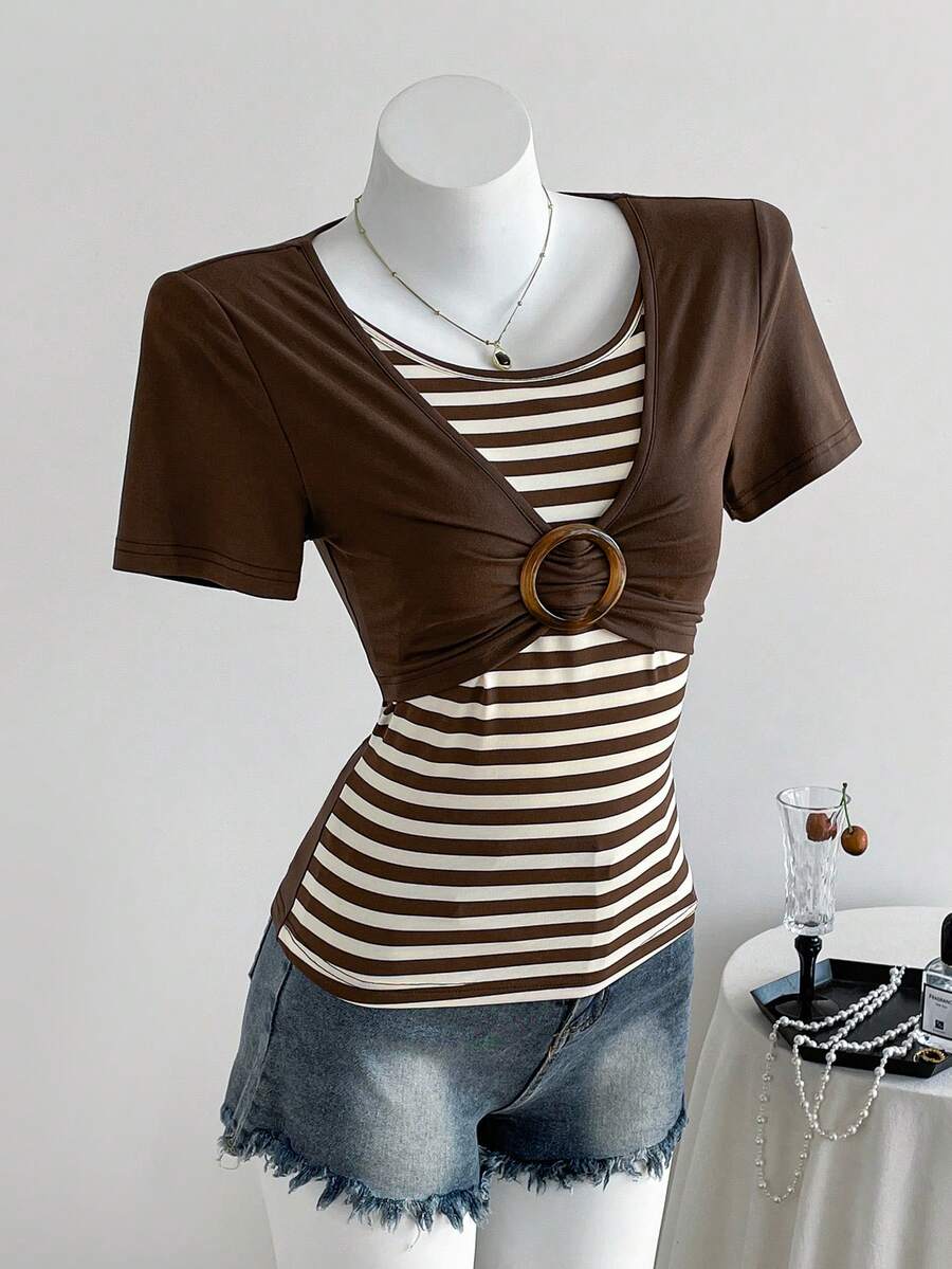 Elamini Y2K Shibuya Babe Slim Retro Colorblock Striped Brown Short Sleeve T-Shirt, Spring/Summer - Brown - View 1
