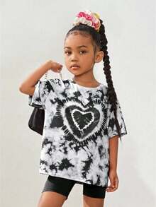 SHEIN Young Girl's American Vintage Style Heart Printed Tie Dyed Knitted Short Sleeve T-Shirt - Black and White - View 3