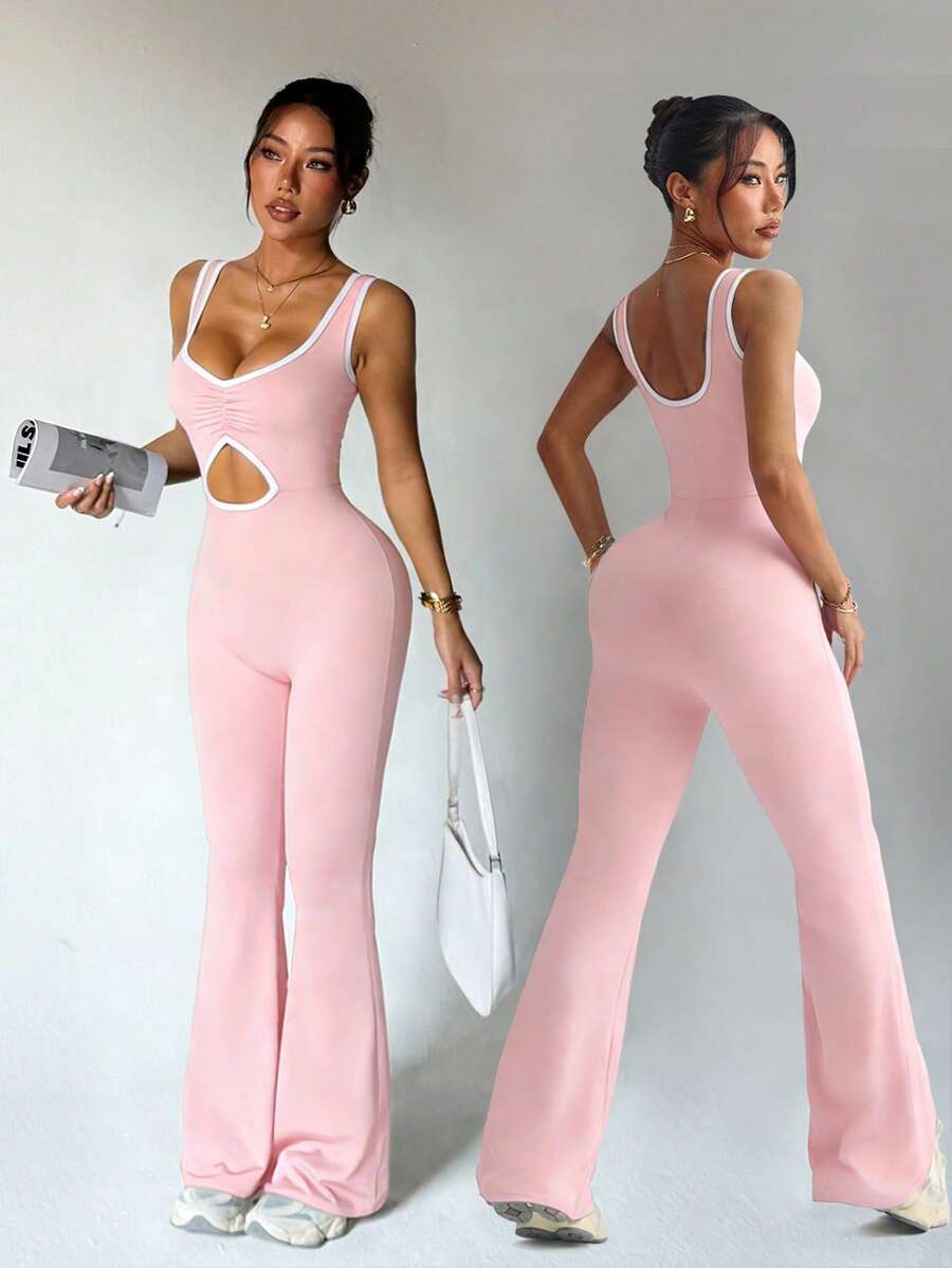 Dewbera Bộ jumpsuit ống loe màu đen dành cho nữ, thích hợp cho mùa xuân/hè, phối màu tương phản phía trước, xếp ly khoét lỗ, cạp cao, cổ chữ U, lưng chữ U, phù hợp cho mặc thường ngày, tập gym, yoga, chạy bộ. - Hồng - Xem 1