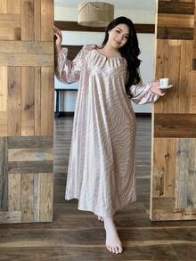 Dazy Plus Camisón largo de manga larga con estampado integral elegante para tallas grandes - Albaricoque - Ver 6