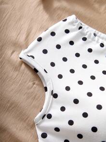 Sparklyn 1件少女复古法式黑白波点印花露肩短袖修身短款上衣，适合日常通勤、朋友聚会、休闲外出、度假，是春夏的理想之选。 - 白色 - 查看 4