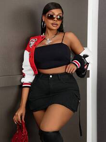 SHEIN SXY Plus Size Solid Color Denim Mini Skirt, Fashionable For Summer - Black - View 5