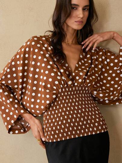 Aveloria Rosie Elegant Vintage French Style Women's Long Sleeve Top With Shirred, Batwing Sleeves, Waist Drawstring And Random Polka Dot Print In Coffee Color