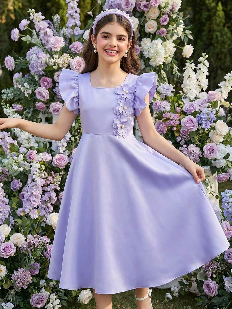 SHEIN 少女紫色3D立体花卉长裙,优雅高贵,简约时尚,尽显奢华,适合外出、聚会、旅行、度假、生日派对等场合。 - 紫色 - 查看 1