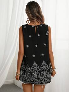 Franclia 女士优雅刺绣印花休闲无袖上衣，适合日常通勤和夏季穿着 - 彩色 - 查看 4