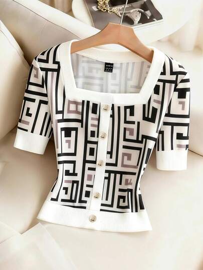 Franclia 女士几何迷宫印花方领纽扣收腰休闲夏季畅销T恤