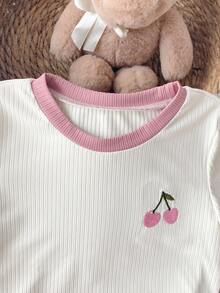 女童罗纹水果刺绣圆领短袖上衣和格子印花裤儿童睡衣套装 - 白色 - 查看 4