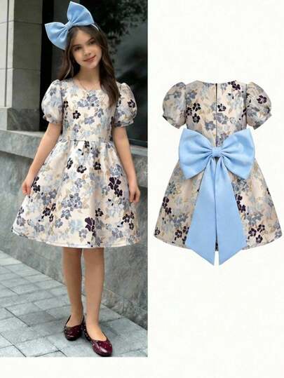 SHEIN 少女夏季优雅提花蝴蝶结装饰迷你连衣裙