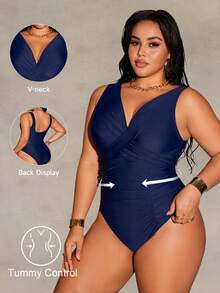 Shapewave Bộ đồ bơi liền thân cạp cao, màu trơn, ôm dáng, tôn dáng, dành cho kỳ nghỉ hè 2026, cỡ lớn, thích hợp cho bãi biển. - Màu xanh hải quân - Xem 8