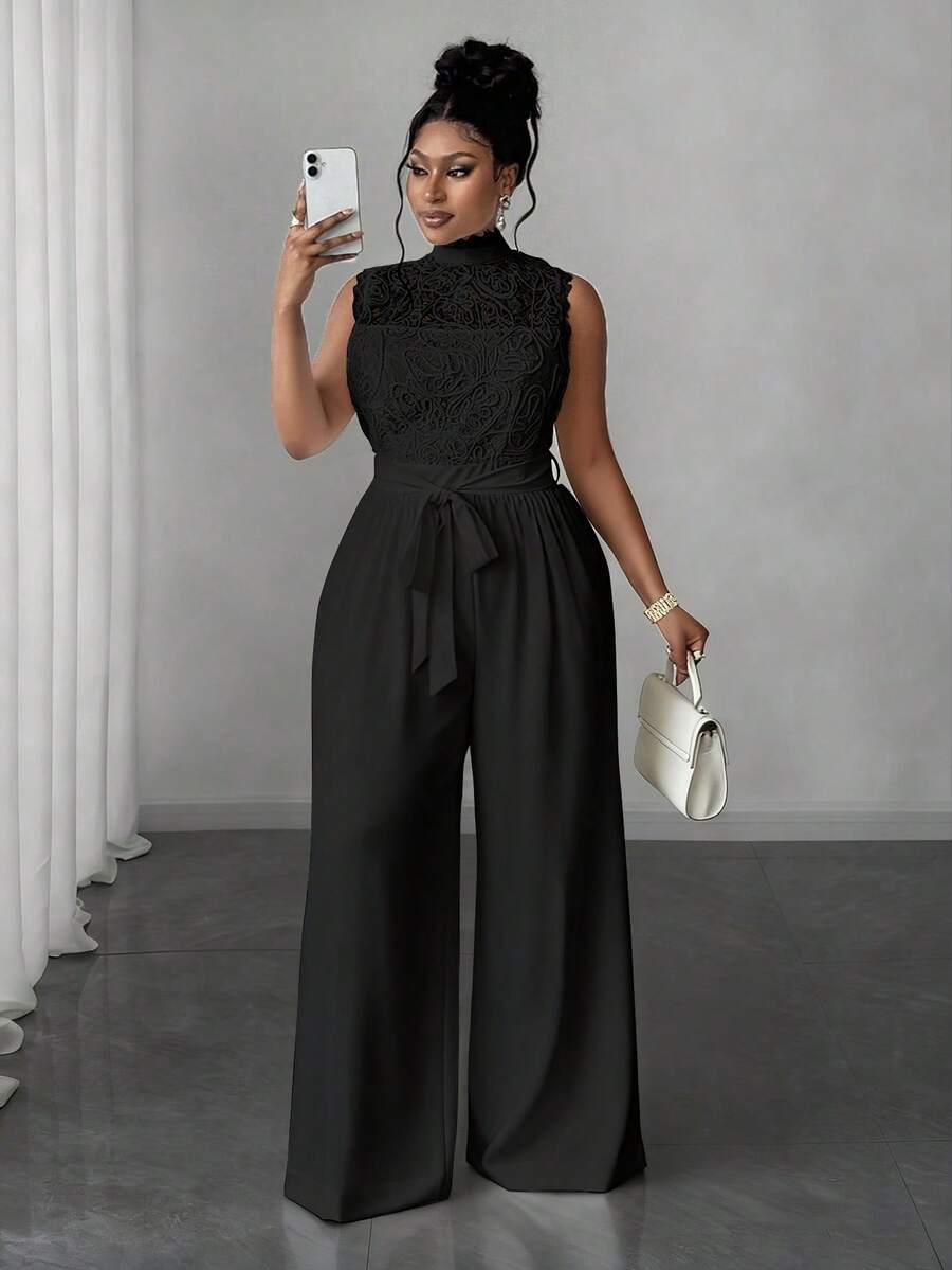 Maweii 大码女士优雅休闲无袖连体裤 - 黑色 - 查看 1