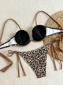 Swim Vcay 2026 Spring/Summer Spaghetti Strap Black & Brown Leopard Print Random Pattern Steel Framed Push-Up Adjustable Side High-Cut Back Tie Bikini Swimwear Set Animal Print Swimwear Vacation Bikini - Multicolor - View 2