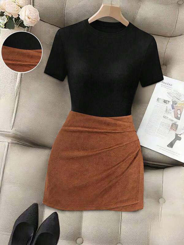 Franclia 2pcs Set Elegant Ribbed Crew Neck A-Line Waist Ruffle Hem Commuter Outfit For Women 2 Piece Sets Woman Skirt Brown Two Piece Set Women Brown Skirt Set Brown Mini Skirt Coffee Brown Skirt Two Piece Women Sets Skirt Short Skirt Set Coffee Brown Dress Brown Bodycon Dress